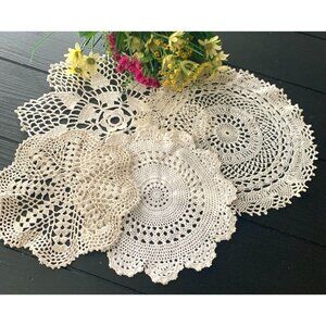 4 Doilies Doily Crocheted Doily White & Ecru Vintage Doilies